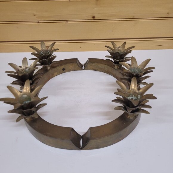 Brass Pineapple Set 2 Candleholder Vtg Pinecone India Patina Wax Residue 11 in - Picture 1 of 6